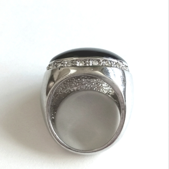 Vintage Onyx Cabochon & Rhinestone Art Deco Ring Size 7 - Picture 5 of 16